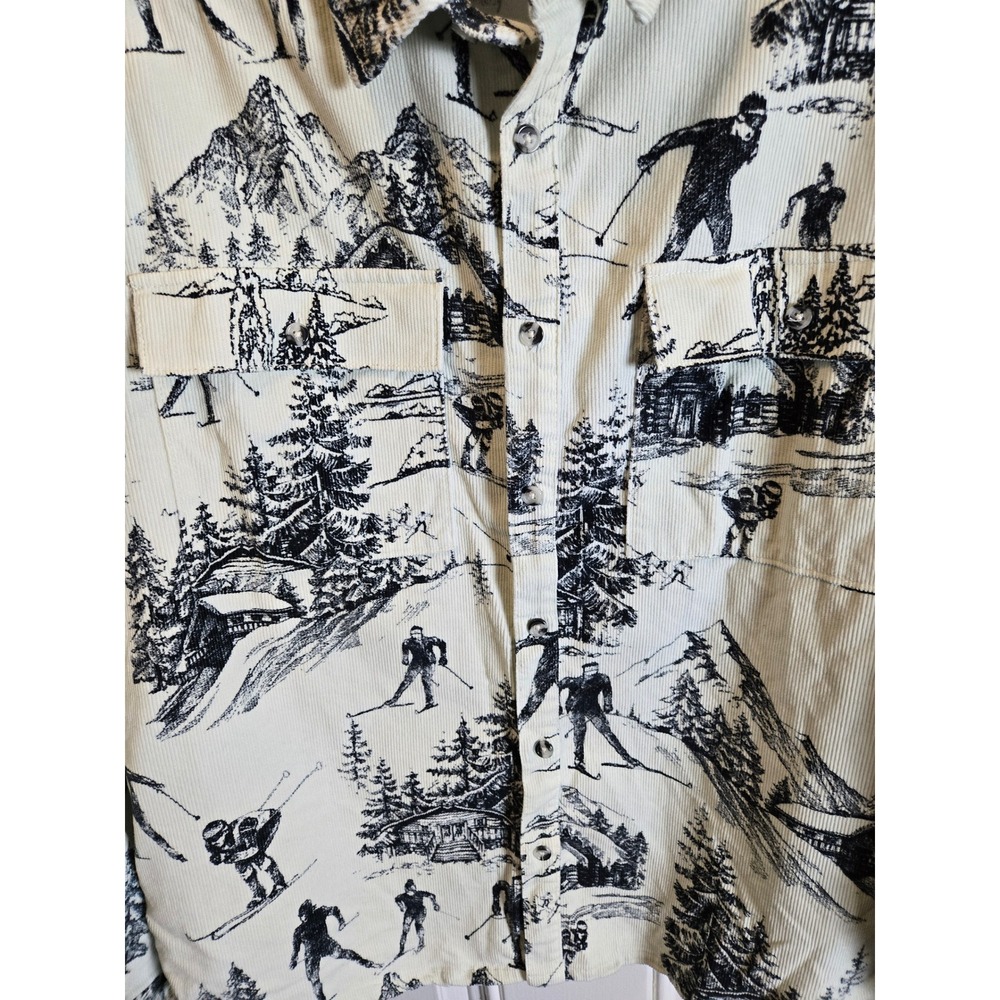 Forever 21 Men Corduroy Button Down Shirt XL Skiing Mountain Print Off White - Picture 5 of 10